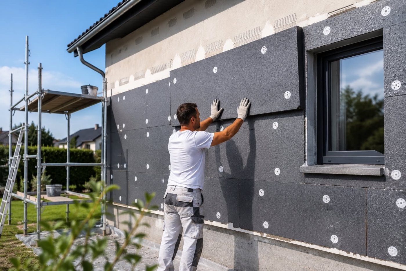 Pose de panneaux isolants sur une façade — isolation par l'extérieur en polystyrène
